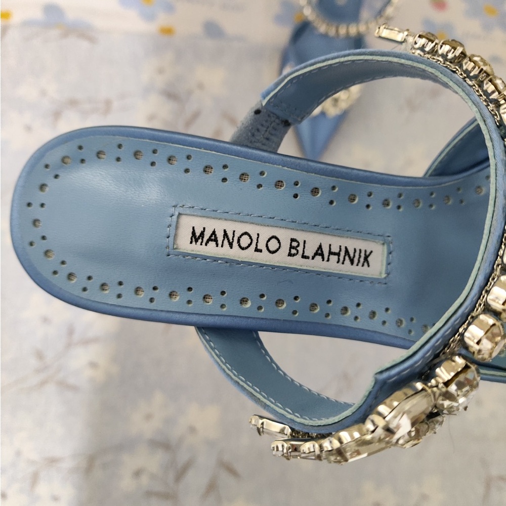 Manolo Blahnik Sky Blue Satin Crystal-Embellished Mule - Picture 9 of 14